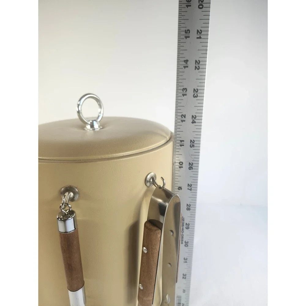 Vintage Mid Century Modern Ice Bucket Tan Vinyl Wood Handle Bar Tools Set MCM